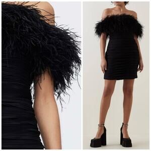 Rachel‎ Gilbert Zion Mini Dress in Black with Feather Trim Size US 4